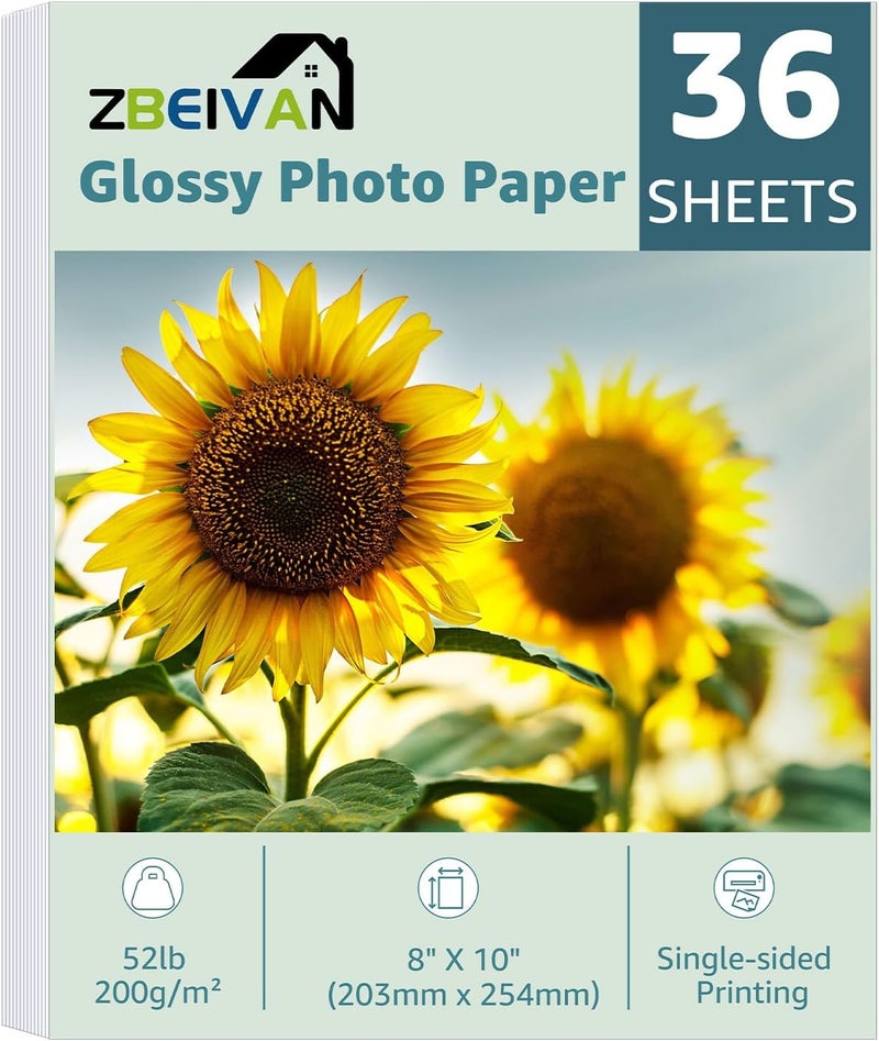 ZBEIVAN 8x10 Photo Paper, Glossy Photo Papers 36 Sheets, 8 x 10 Inkjet Printer Photo Paper for Dye Ink, 200 GSM - Image 1
